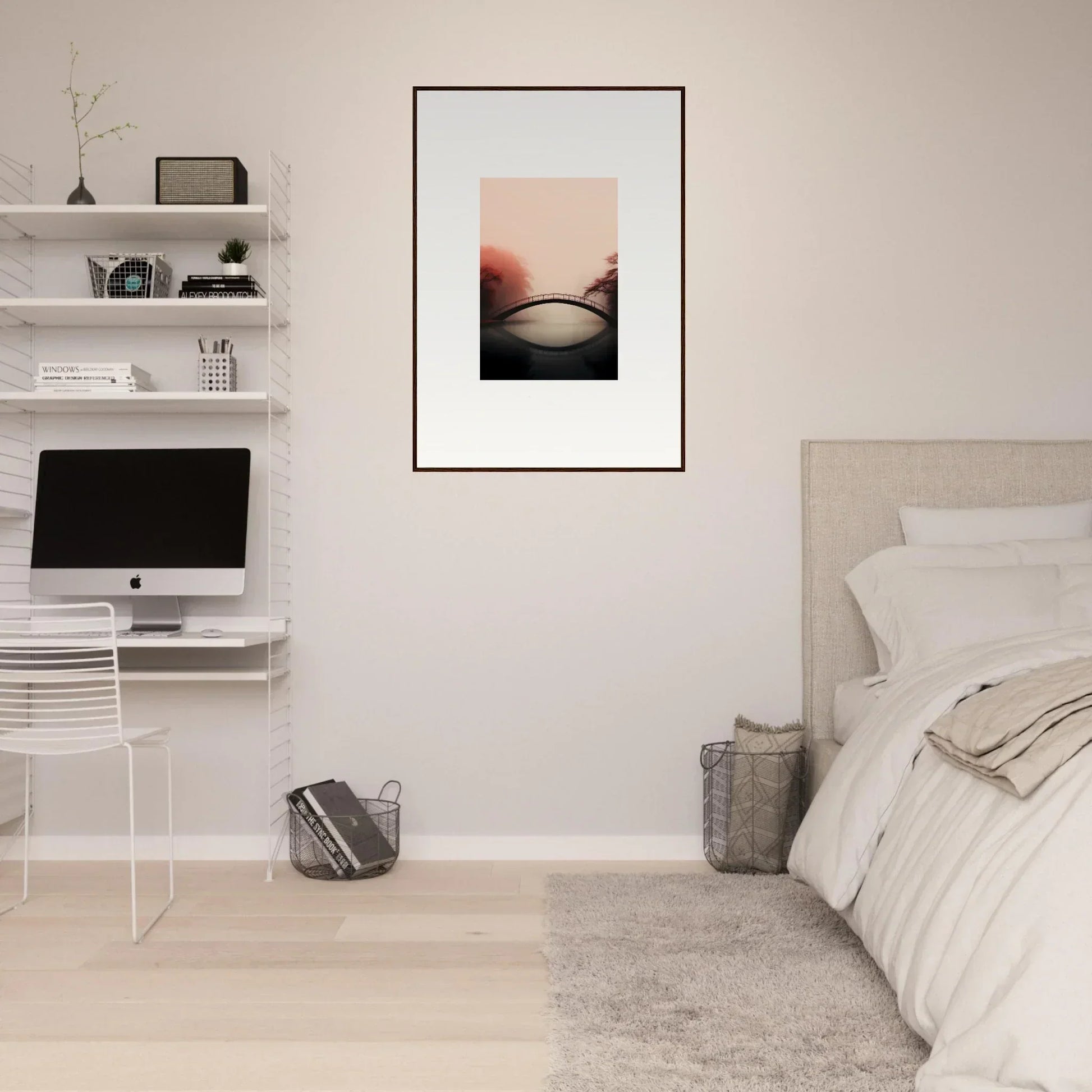 Minimalist bedroom with floating shelves, Framed Wall Art, and modern workstation decor