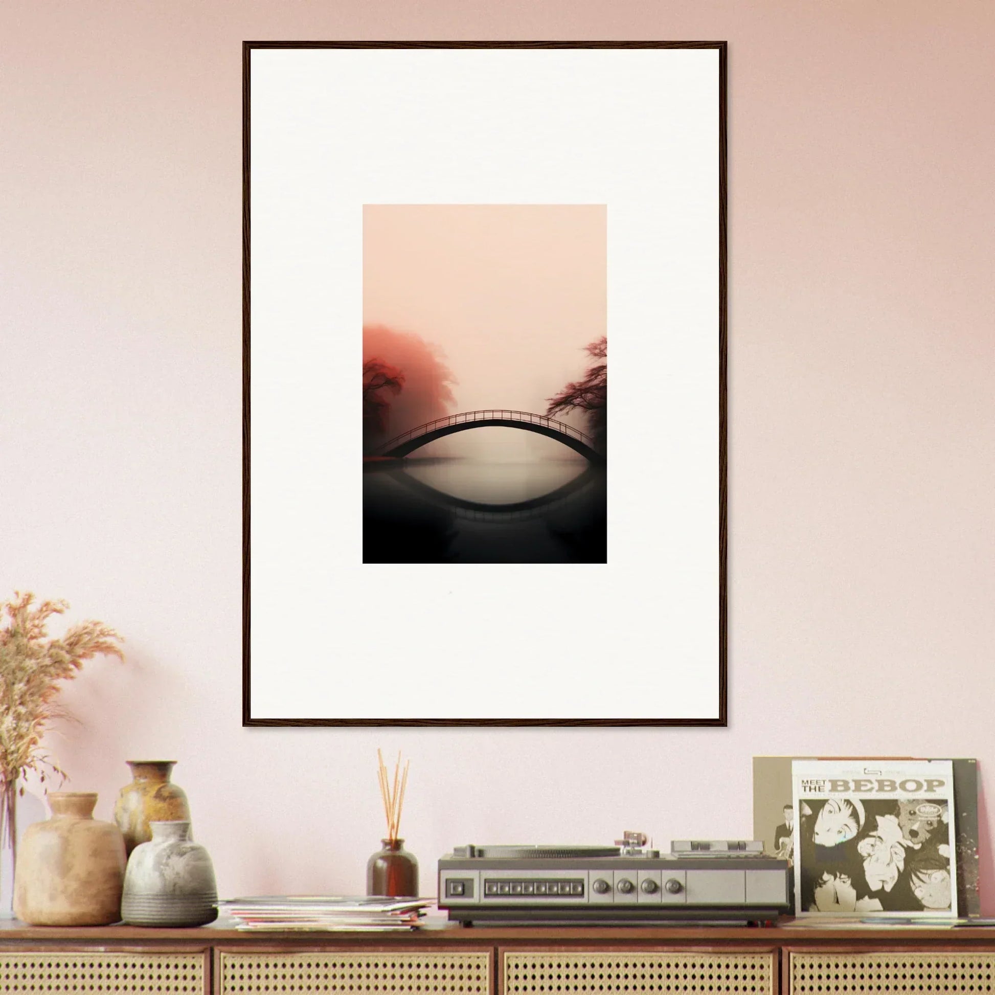 Framed wall art of abstract curved shape with hazy background for reflections silence room decor