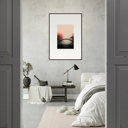 Framed wall art of a bridge silhouette at sunset for serene room decor reflections silence