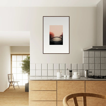 Modern kitchen with wooden cabinetry and white tiled backsplash for room decor reflections silence