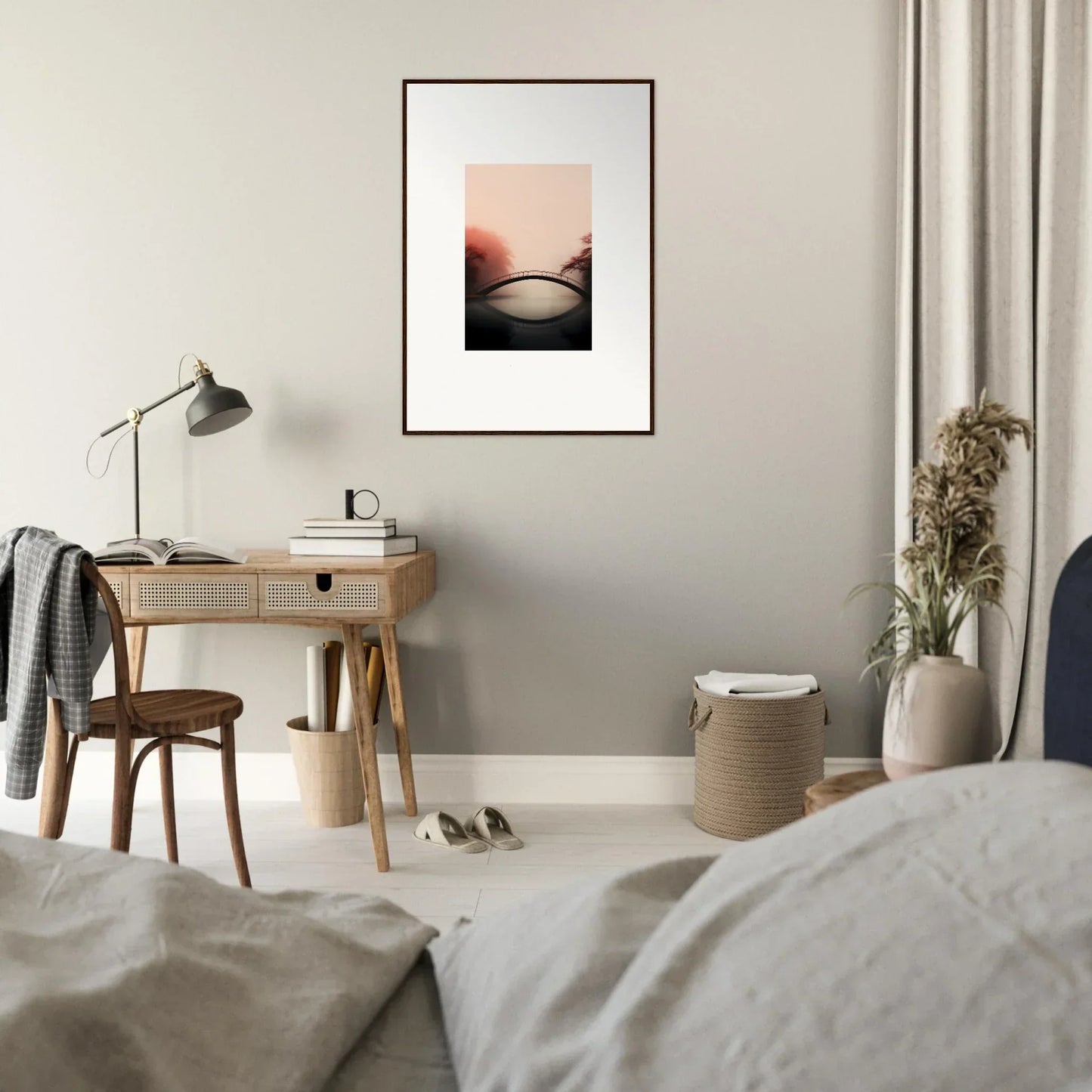 Framed wall art of a sunset over water, perfect for room decor and reflections silence