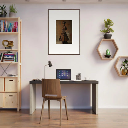 Cozy home office workspace with nostalgia chronicles wall decor and canvas prints