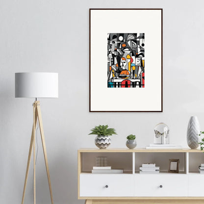 Abstract cubist-style framed wall art with bold colors for unique room decor