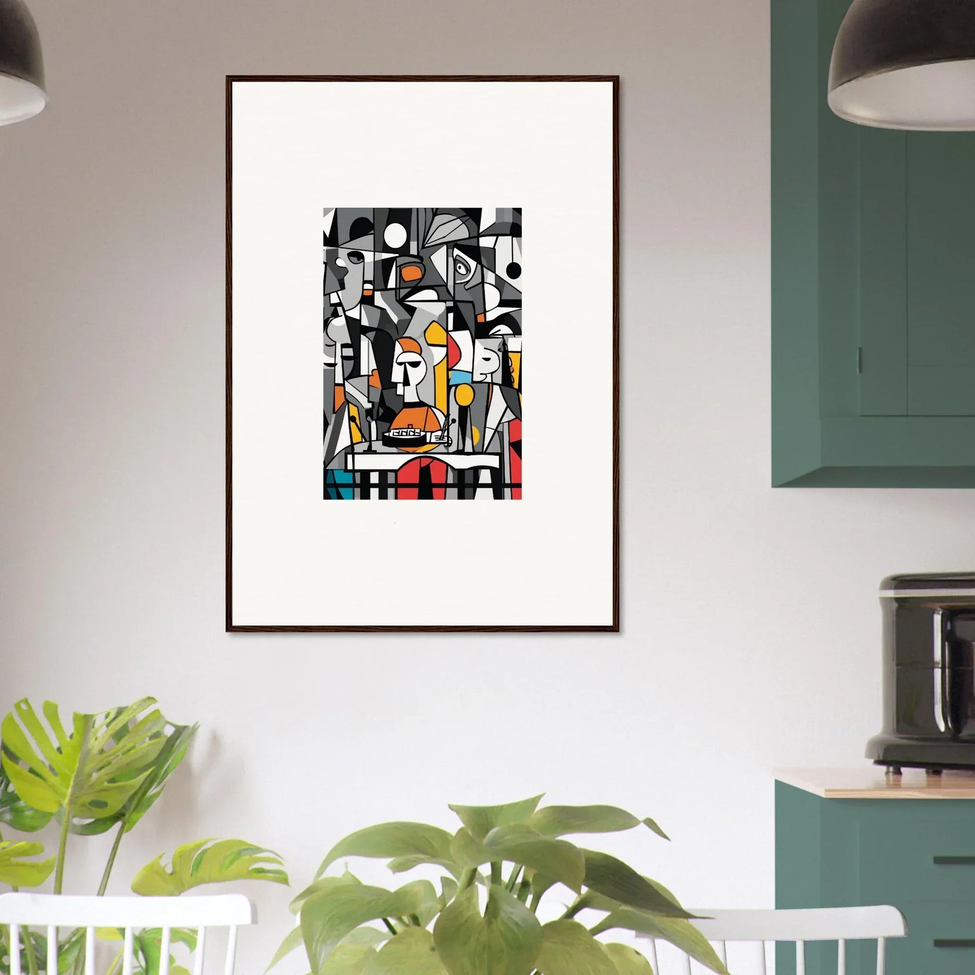 Framed wall art featuring bold geometric shapes in Masters Pullulan style for room decor