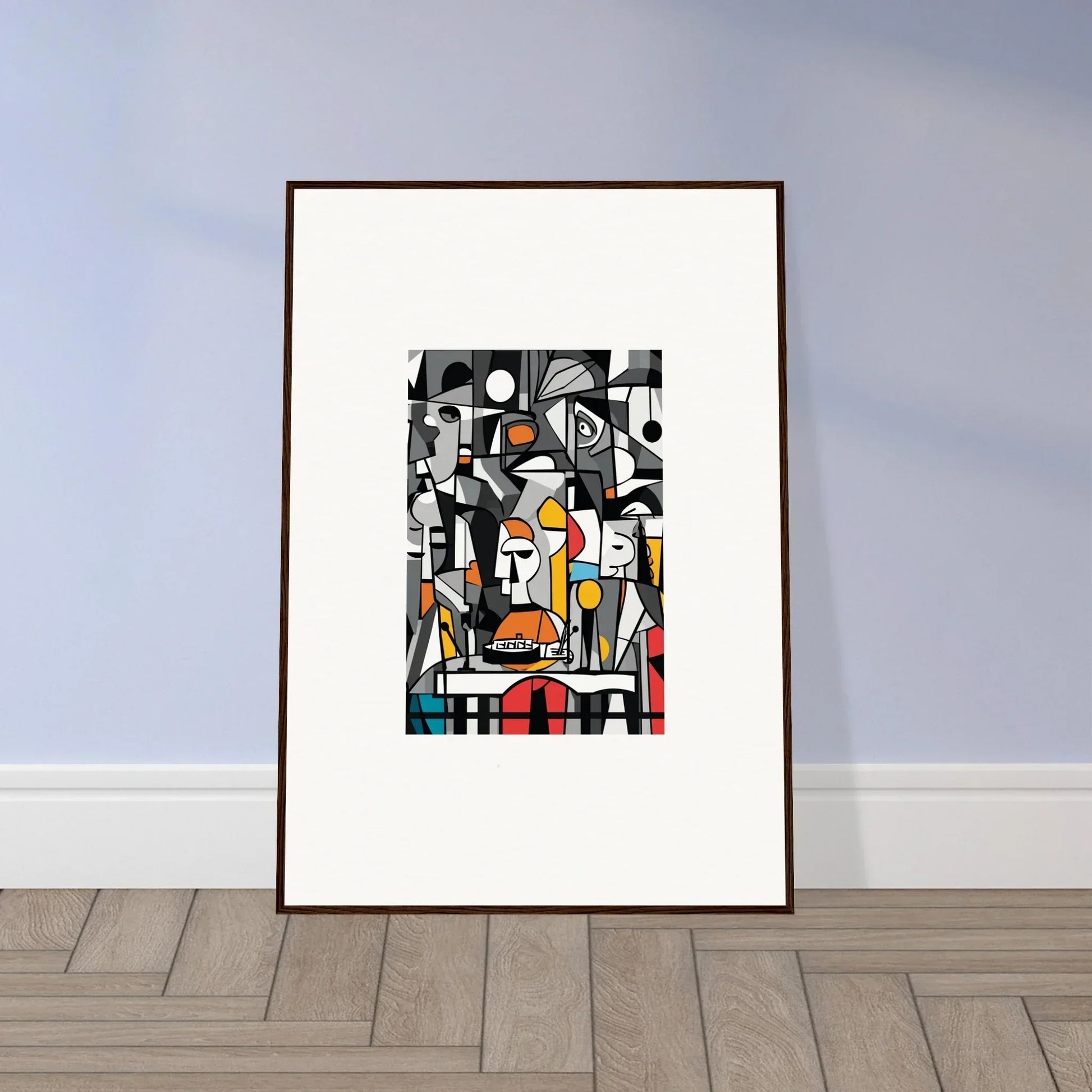 Framed wall art featuring bold cubist geometric shapes, perfect for Masters Pullulan room decor