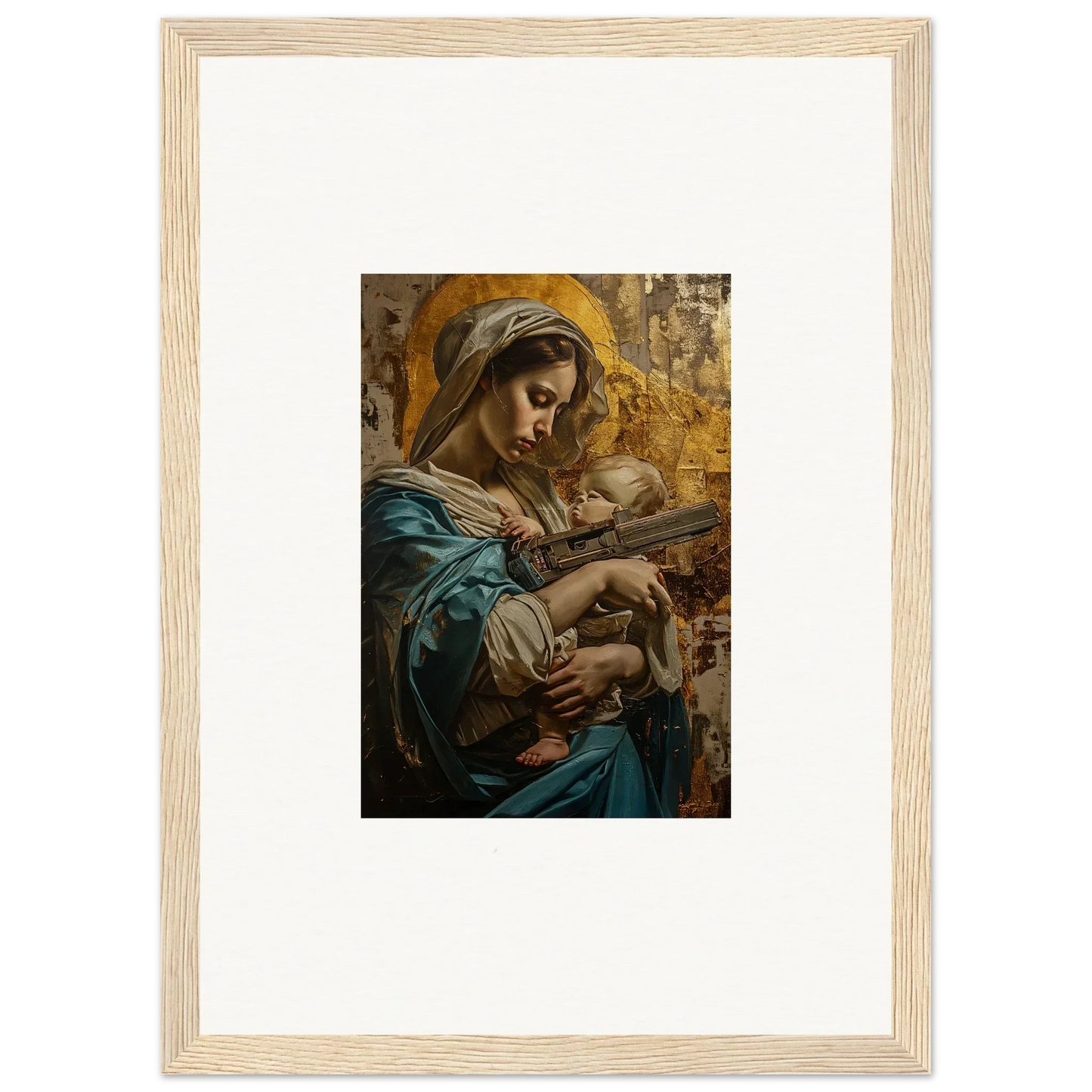 Framed wall art of a woman in blue robes holding a baby for elegant room decor