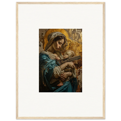 Framed wall art of a woman in blue robes with a halo ricochet holding a baby