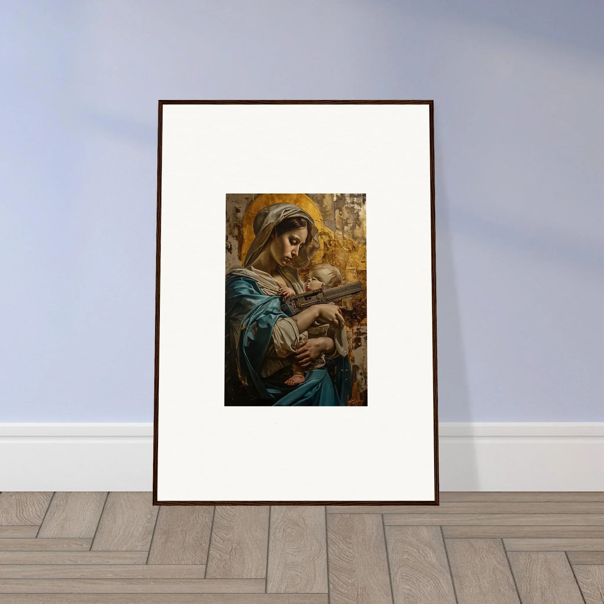 Framed wall art of a woman in blue robes with a baby, perfect for room decor