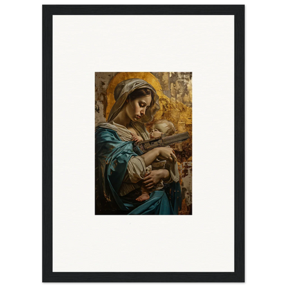 Framed wall art of a woman in blue robes holding a baby, perfect for room decor