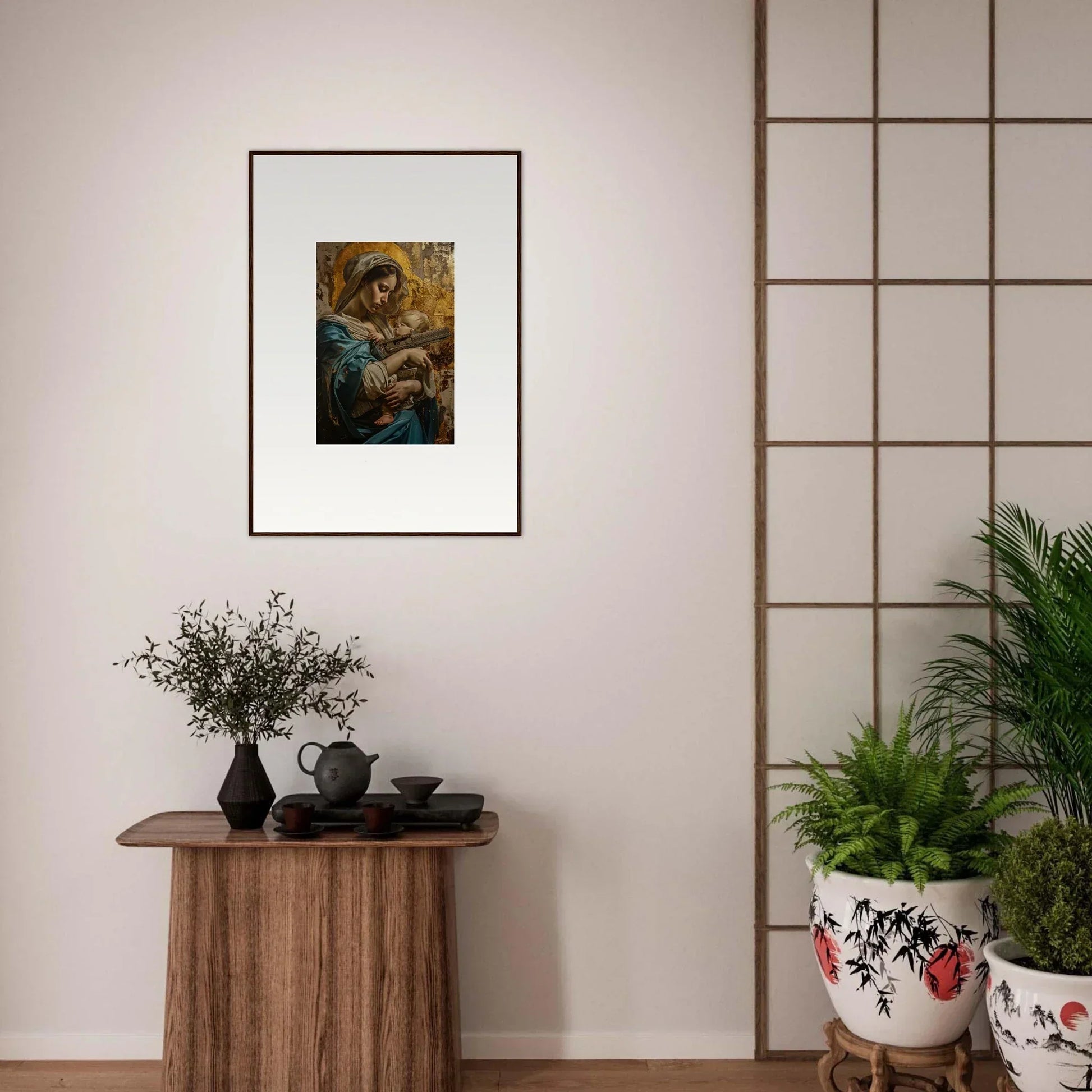 Framed wall art featuring abstract figures in golden and dark tones for room decor