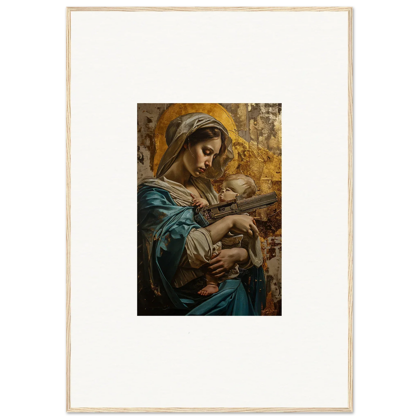 Painting of a woman in blue and gold robes with an infant, perfect halo ricochet room decor