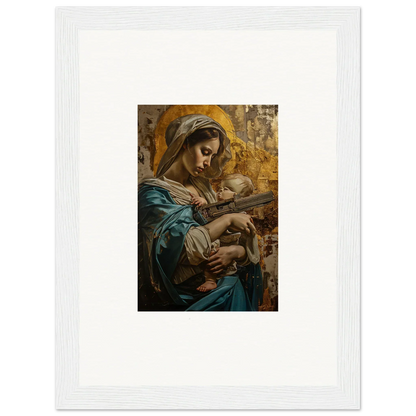 Painting of a woman in blue robes with golden halo, ideal for framed wall art and room decor