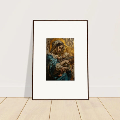 Framed wall art of a woman in blue robes nurturing a baby, perfect for room decor