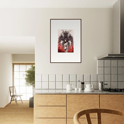 Framed canvas print of Mechanical Amour Reverie with dark silhouettes on red and white