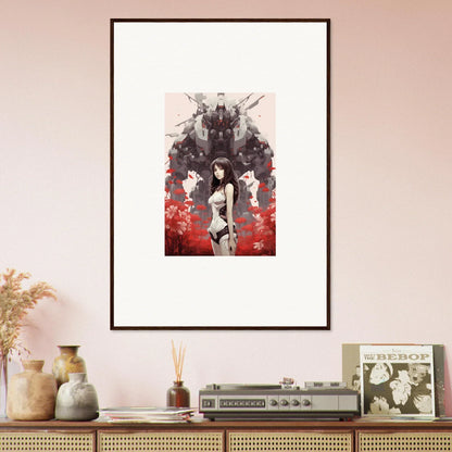 Framed canvas print of Mechanical Amour Reverie with woman and abstract dark background