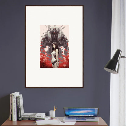 Framed canvas print of Amour Reverie featuring a woman amid red flowers and dark silhouettes