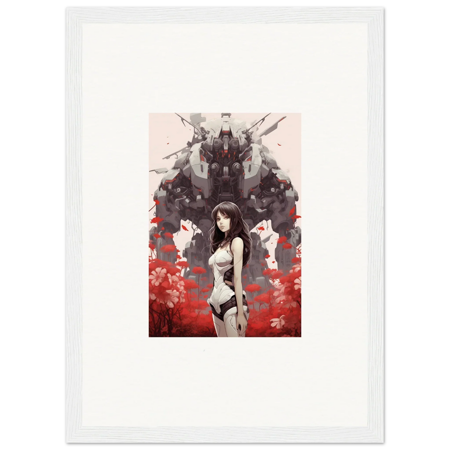 Framed Mechanical Amour Reverie canvas print with anime-style female and shadowy figures