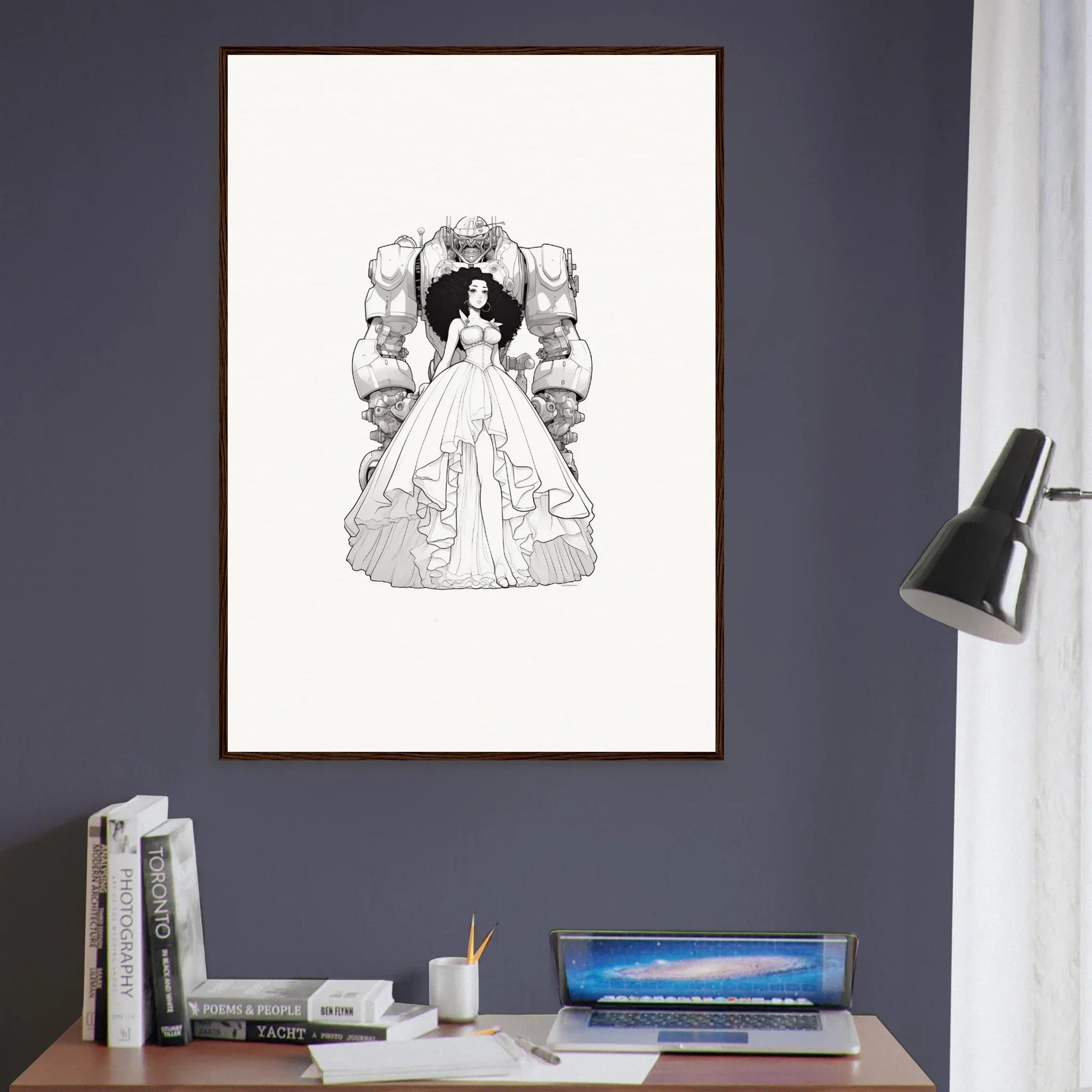 Black and white illustration of a woman in a ball gown for Fables Aflame room decoration