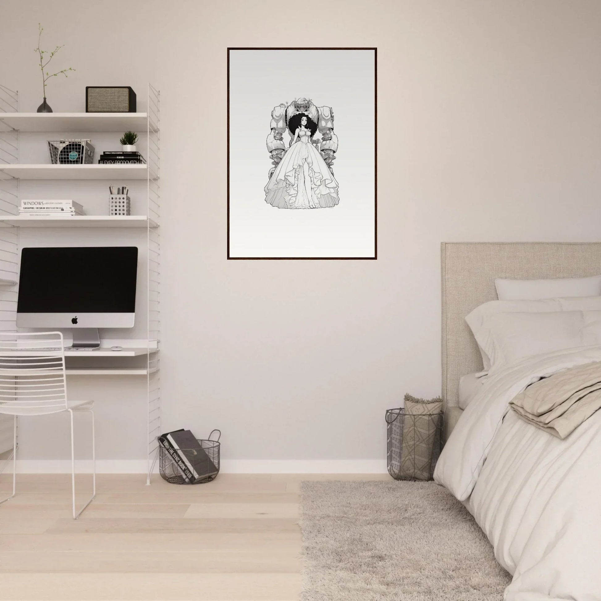 Minimalist bedroom with white walls and Fables Aflame canvas print for stylish room decoration