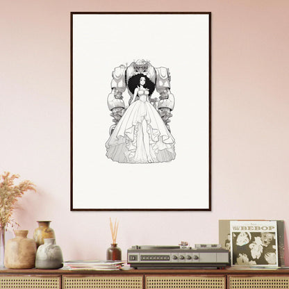 Framed black and white sketch of a woman in an elaborate ball gown for room decoration