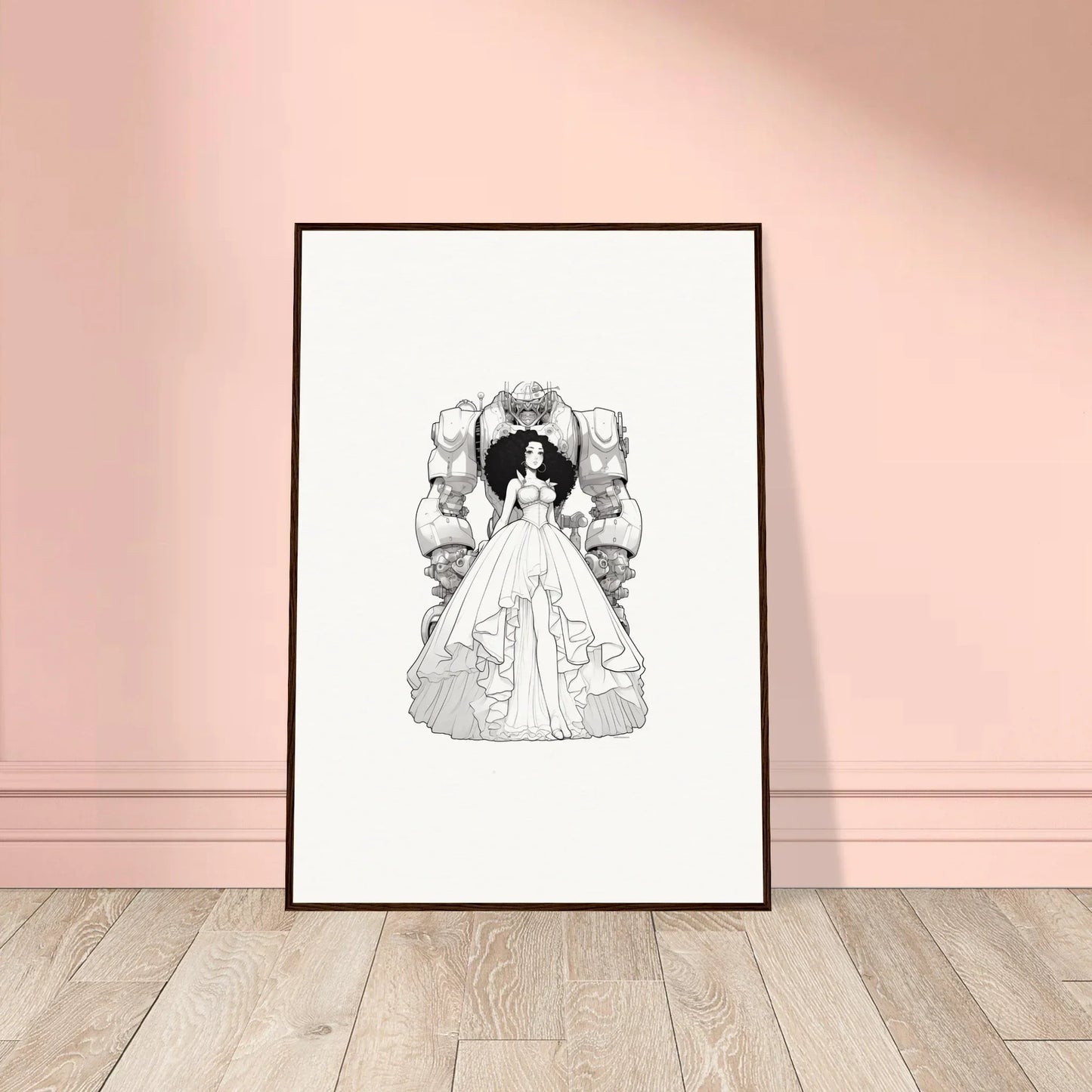 Framed black and white canvas print of a woman in an elaborate dress for fables aflame room decoration