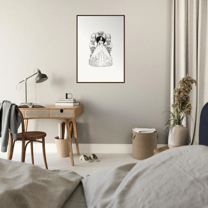 Framed black and white canvas print of a woman in a dress with wings for fables aflame room decoration