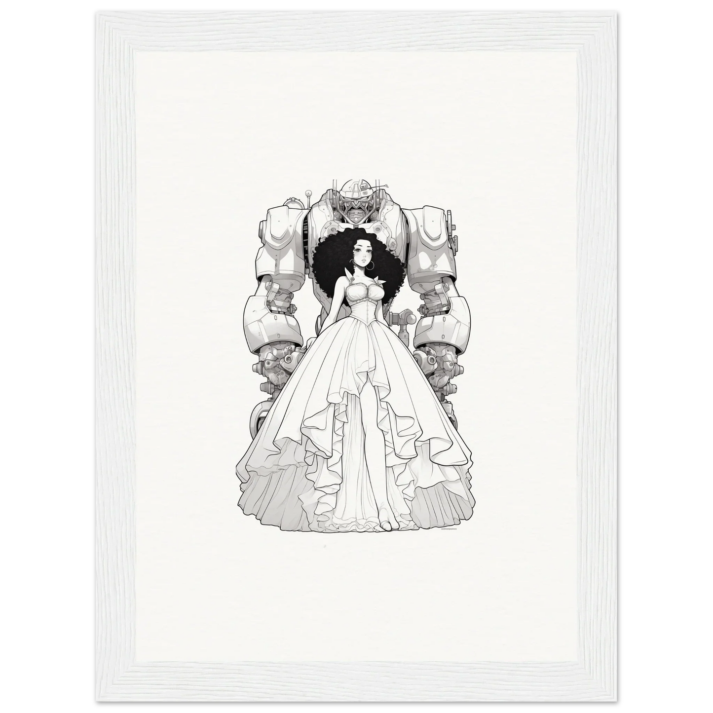 Black and white illustration of a woman in a ball gown, perfect for fables aflame room decoration