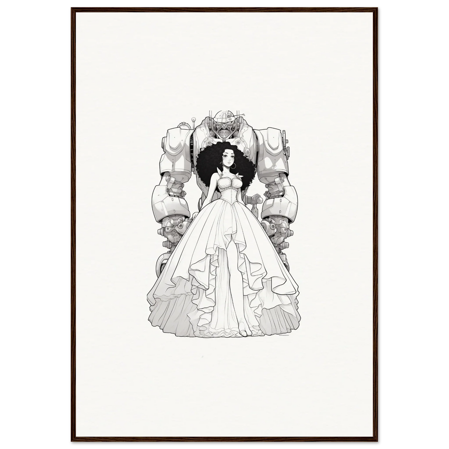 Black and white illustration of a woman in a ball gown, perfect for Fables Aflame decor