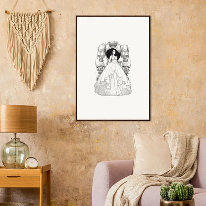 Framed black and white canvas print of a woman in a dress for unique room decoration