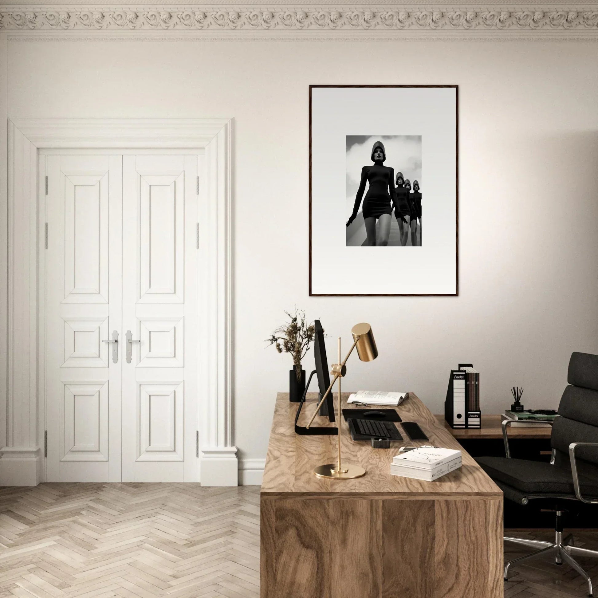 Elegant home office featuring a wooden desk and framed wall art for stylish room decor