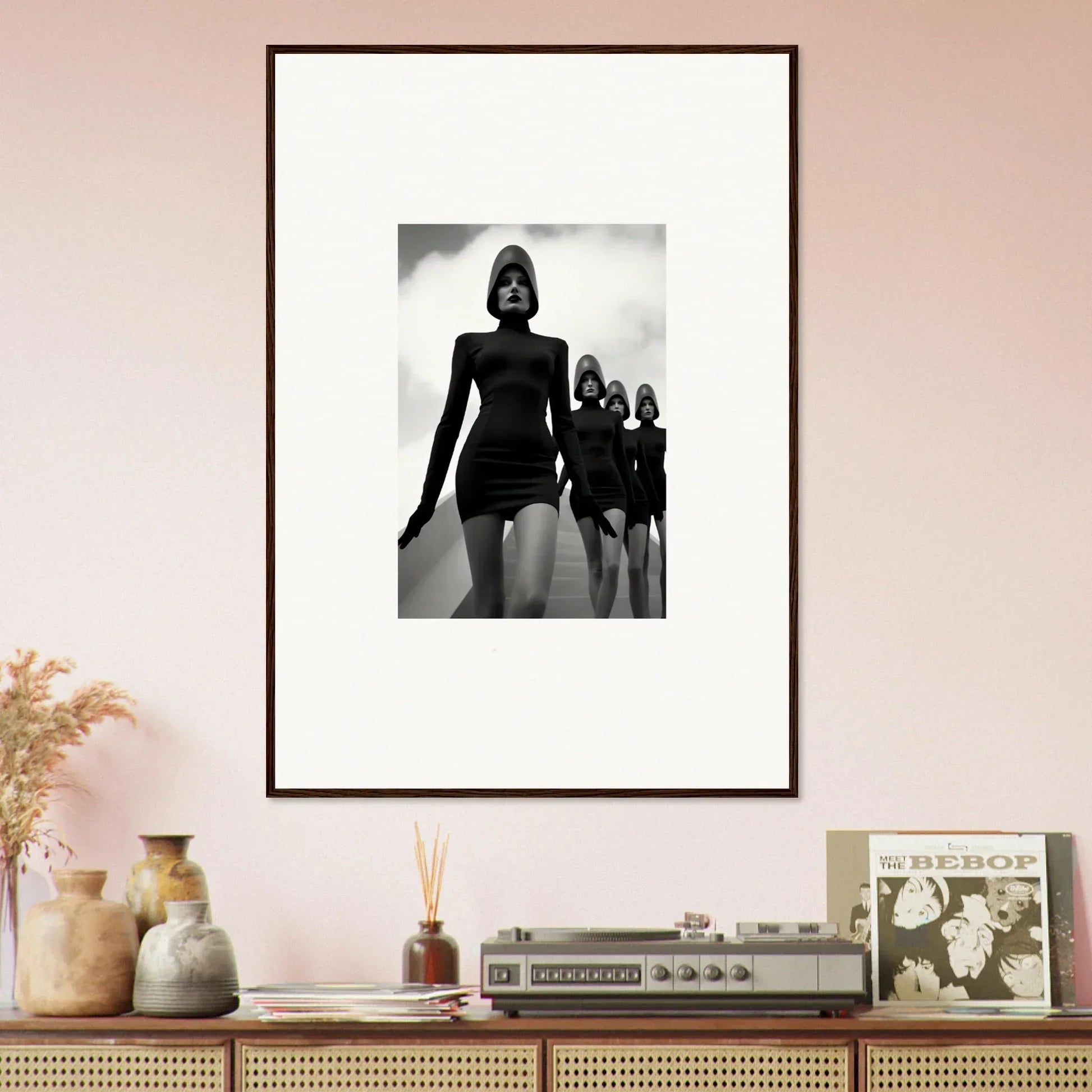 Framed black and white photograph of women in short dresses, a unique Venus Phantoms wall art