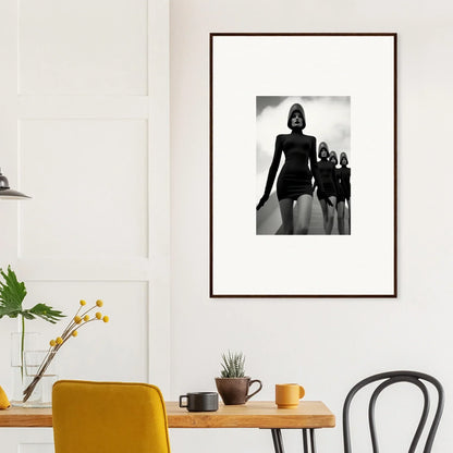 Framed black and white photograph of models on a runway for stylish room decor