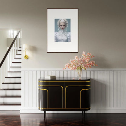 Framed portrait of a pale figure with white hair and clothing against a light background.