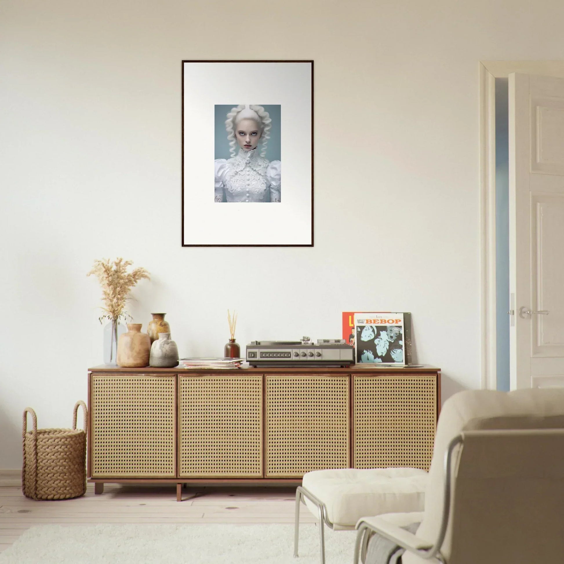 Wooden sideboard with rattan-fronted doors and decorative items on top.