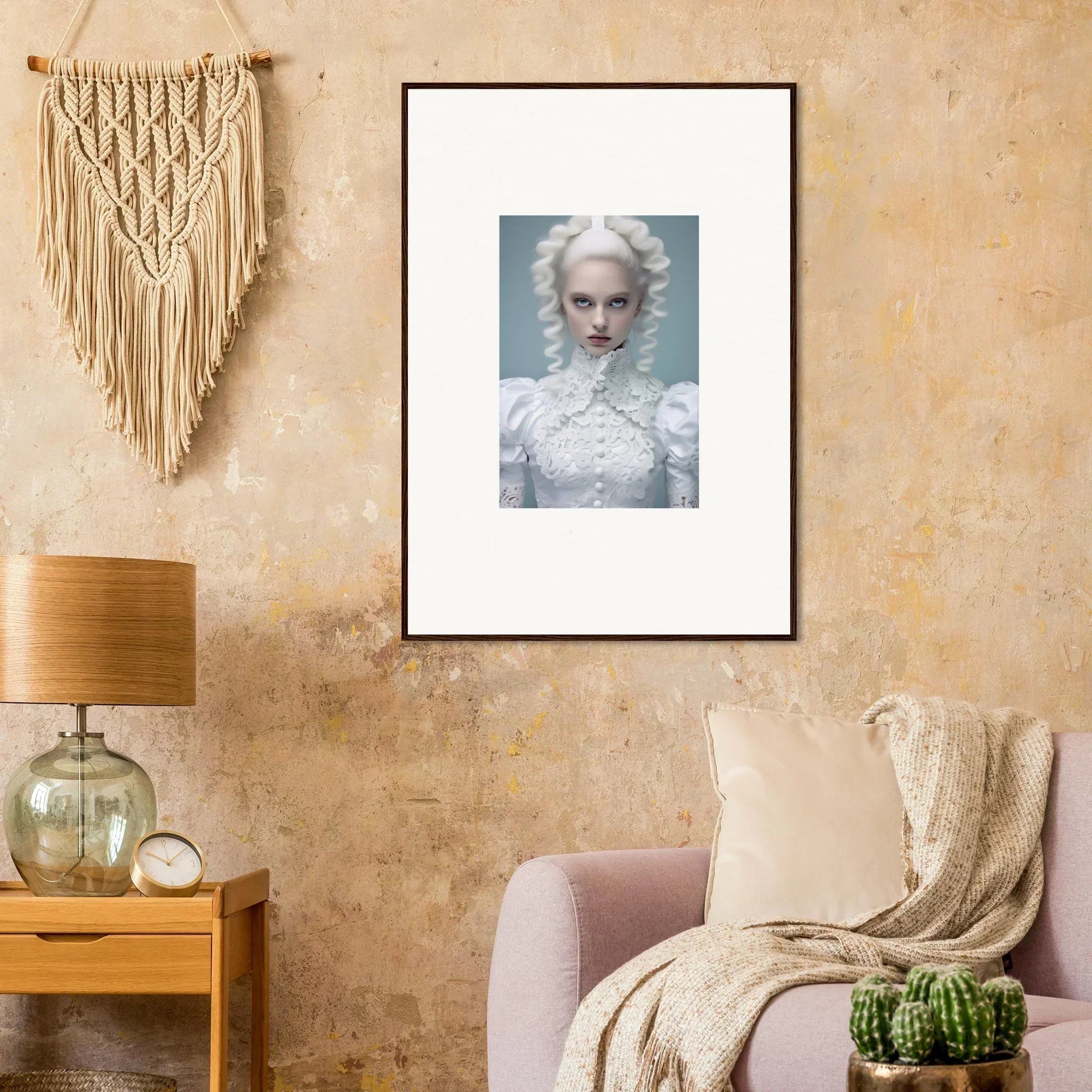 Framed portrait of a pale figure with white hair against a light background.