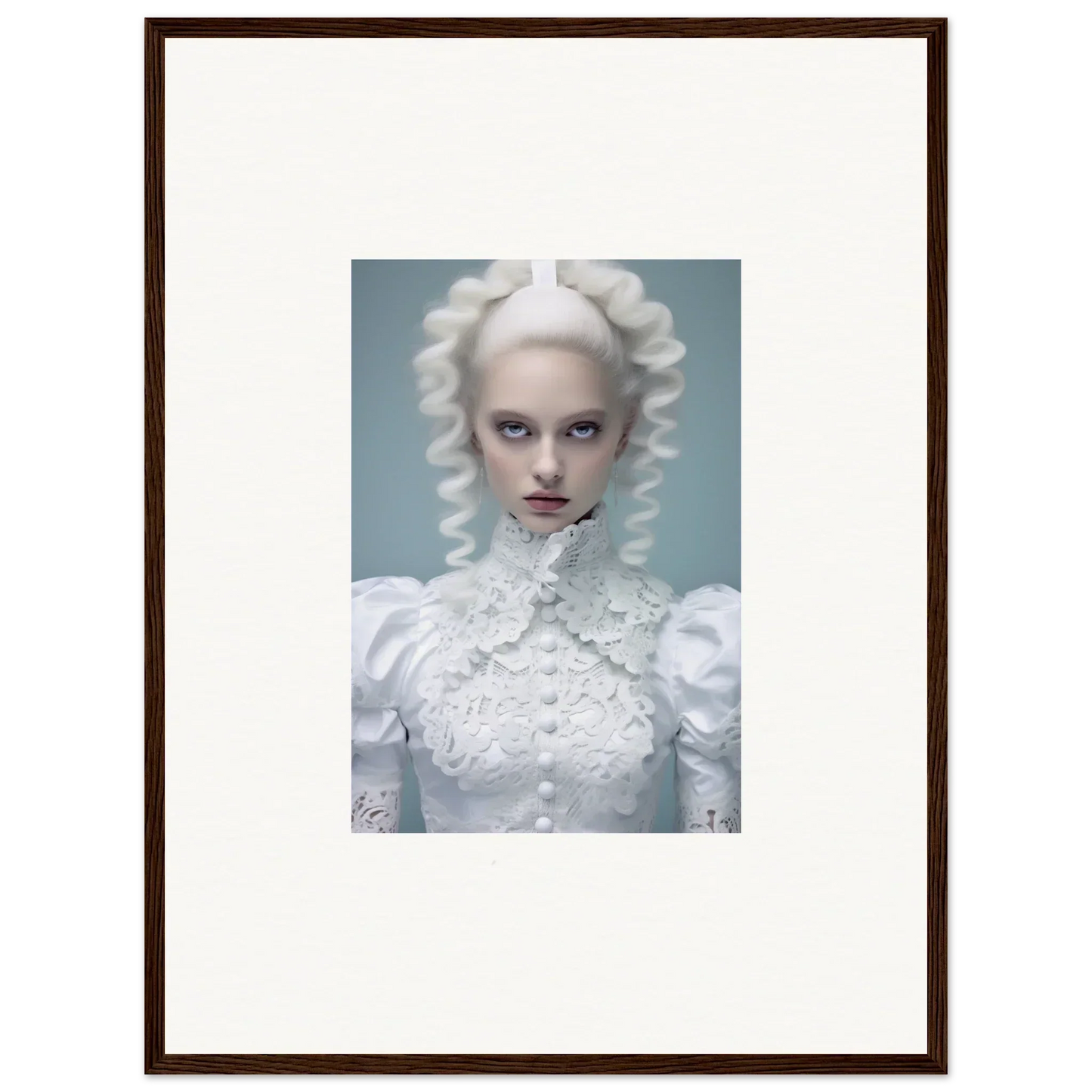 Framed portrait of a person with white hair and clothing in an avant-garde style.