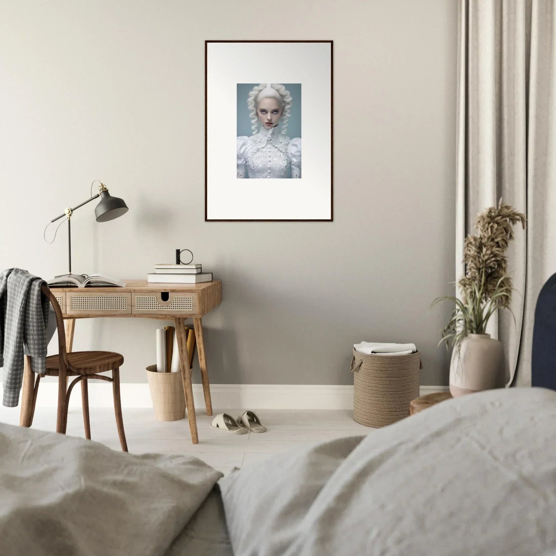 Framed portrait of a person with pale features and white clothing against a light background.