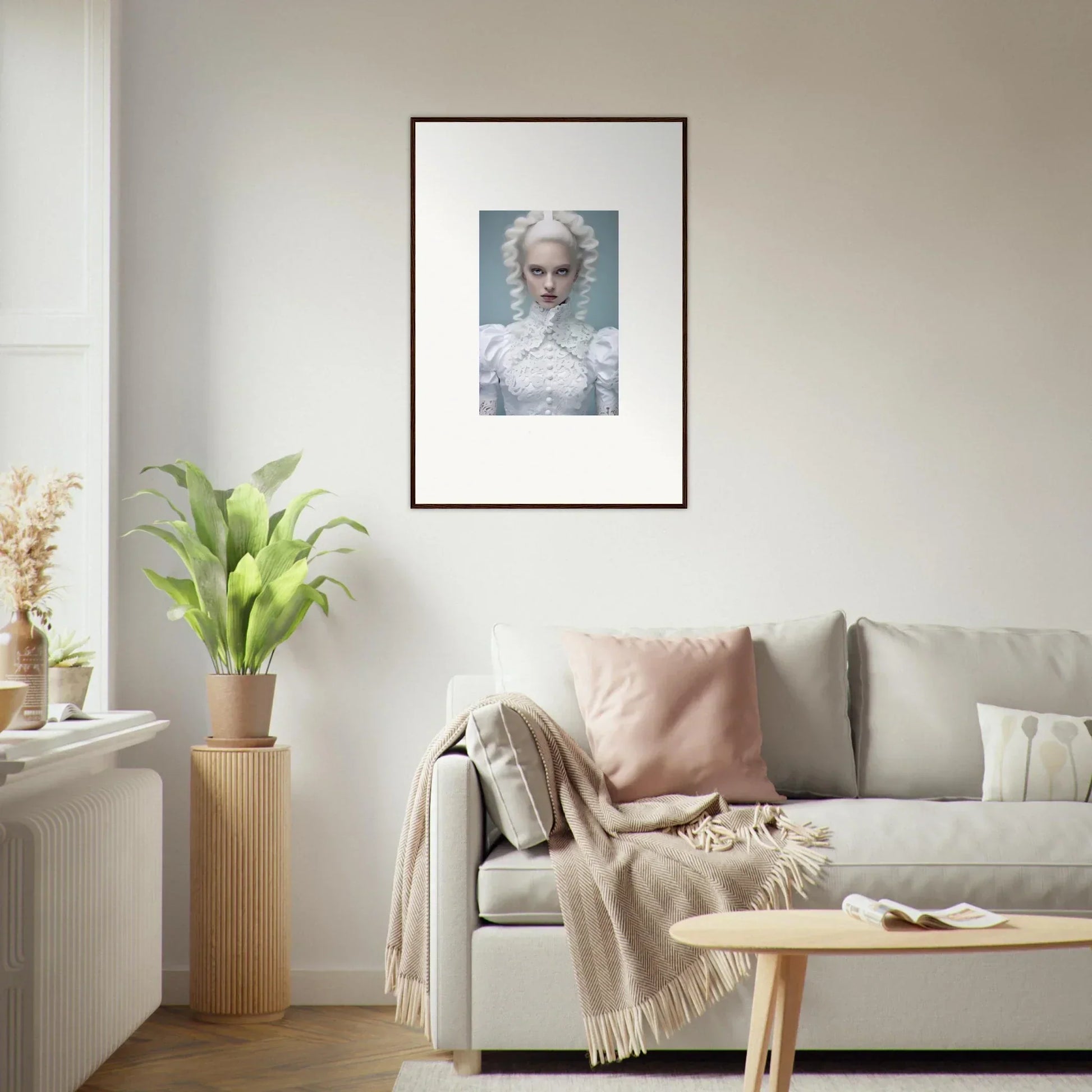 Framed portrait of a pale figure with white hair against a light background.