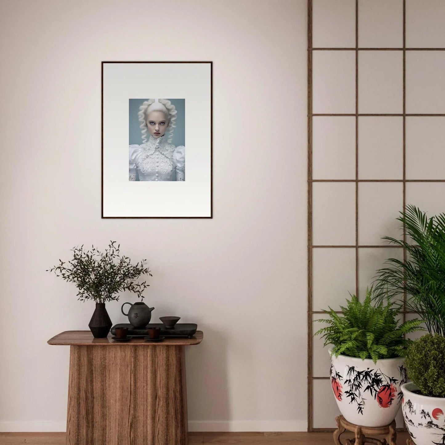 Framed portrait of a pale figure with white hair and clothing against a light background.