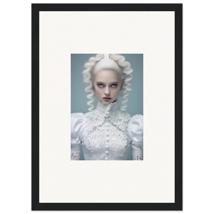 Framed portrait of a person with white hair and clothing in an ethereal, avant-garde style.