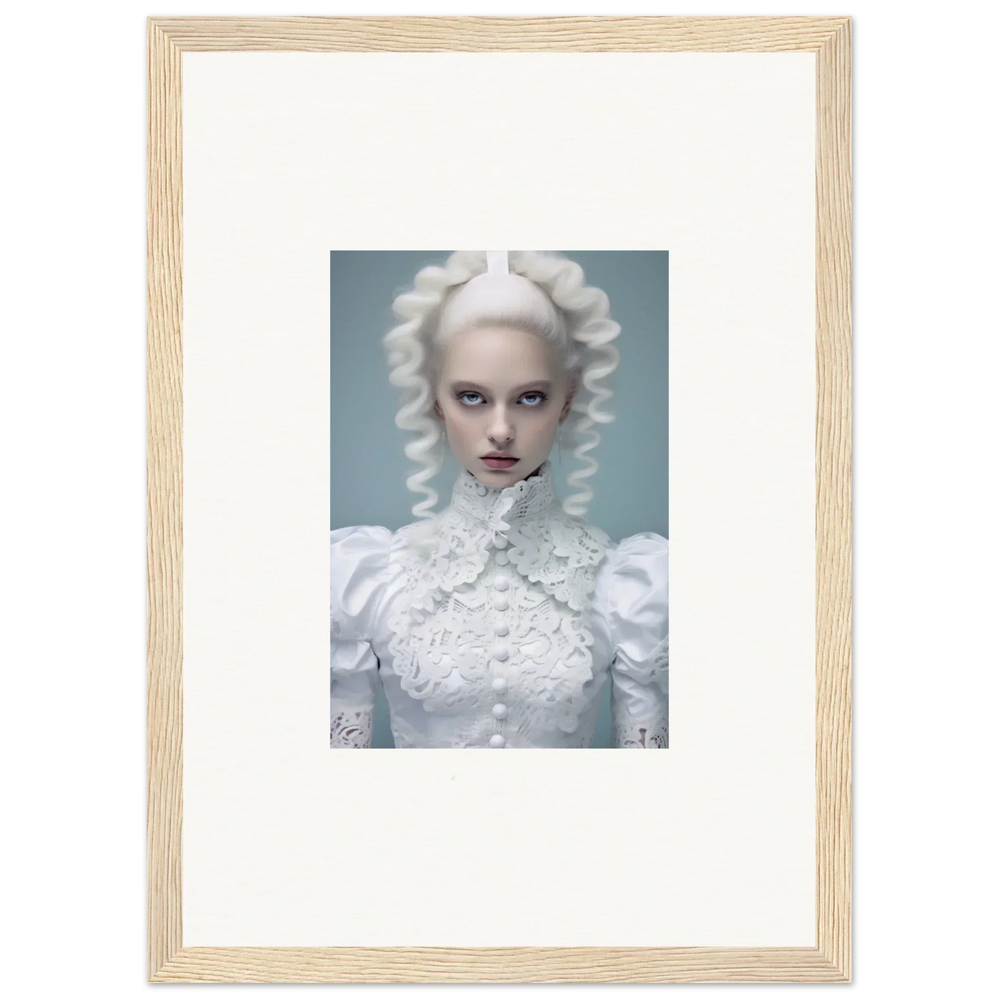 Framed portrait of a person with white hair and clothing in an ethereal, avant-garde style.