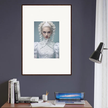 Framed portrait of a pale figure with white hair and clothing against a light background.