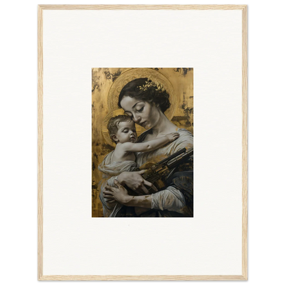 Framed canvas print of Melancholy’s Velvet Embrace showing a woman with baby, perfect room decoration