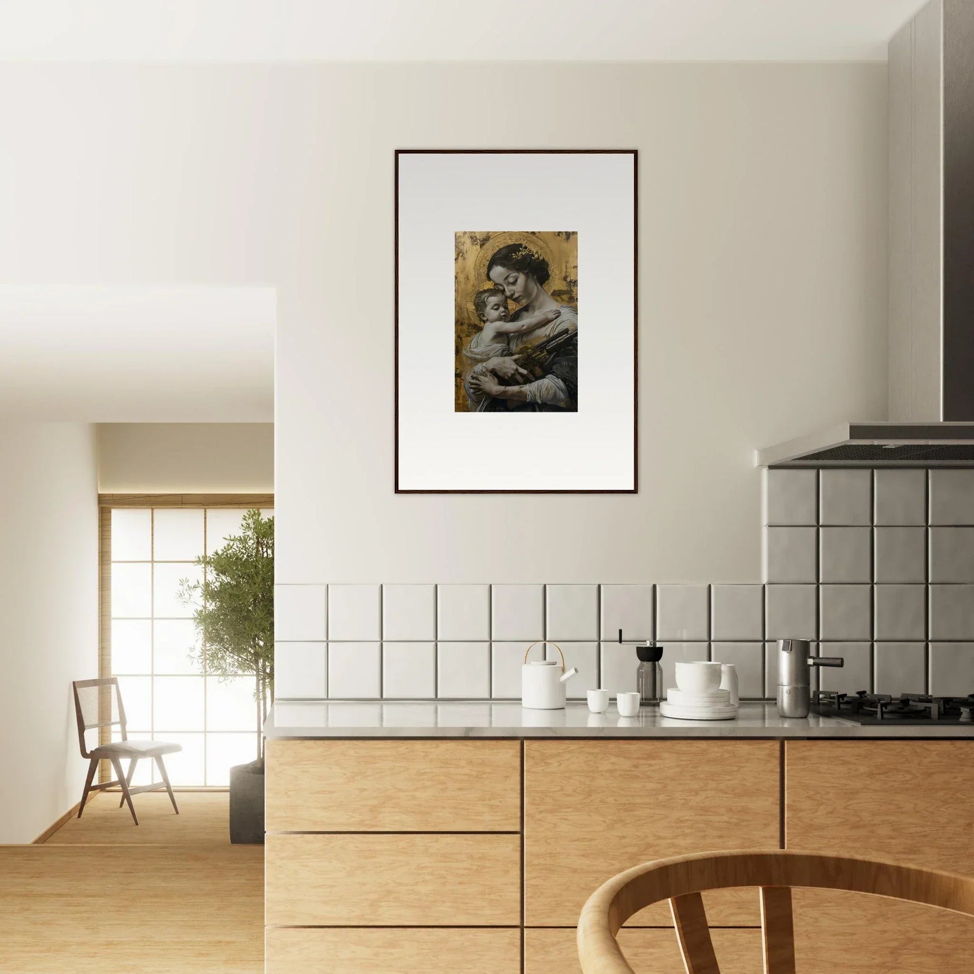 Framed canvas print of a monkey with a small animal for a cozy room decoration