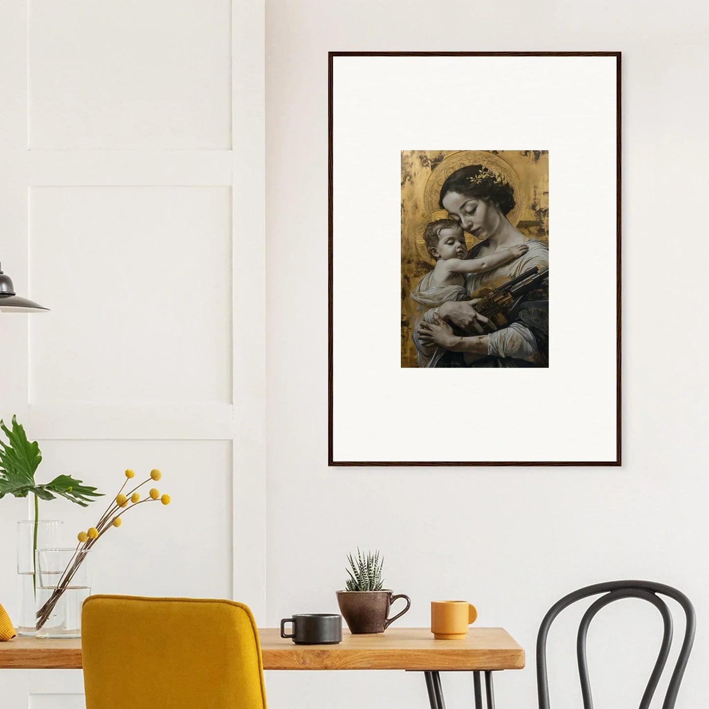 Framed canvas print of a woman and baby, perfect for room decoration with velvet embrace