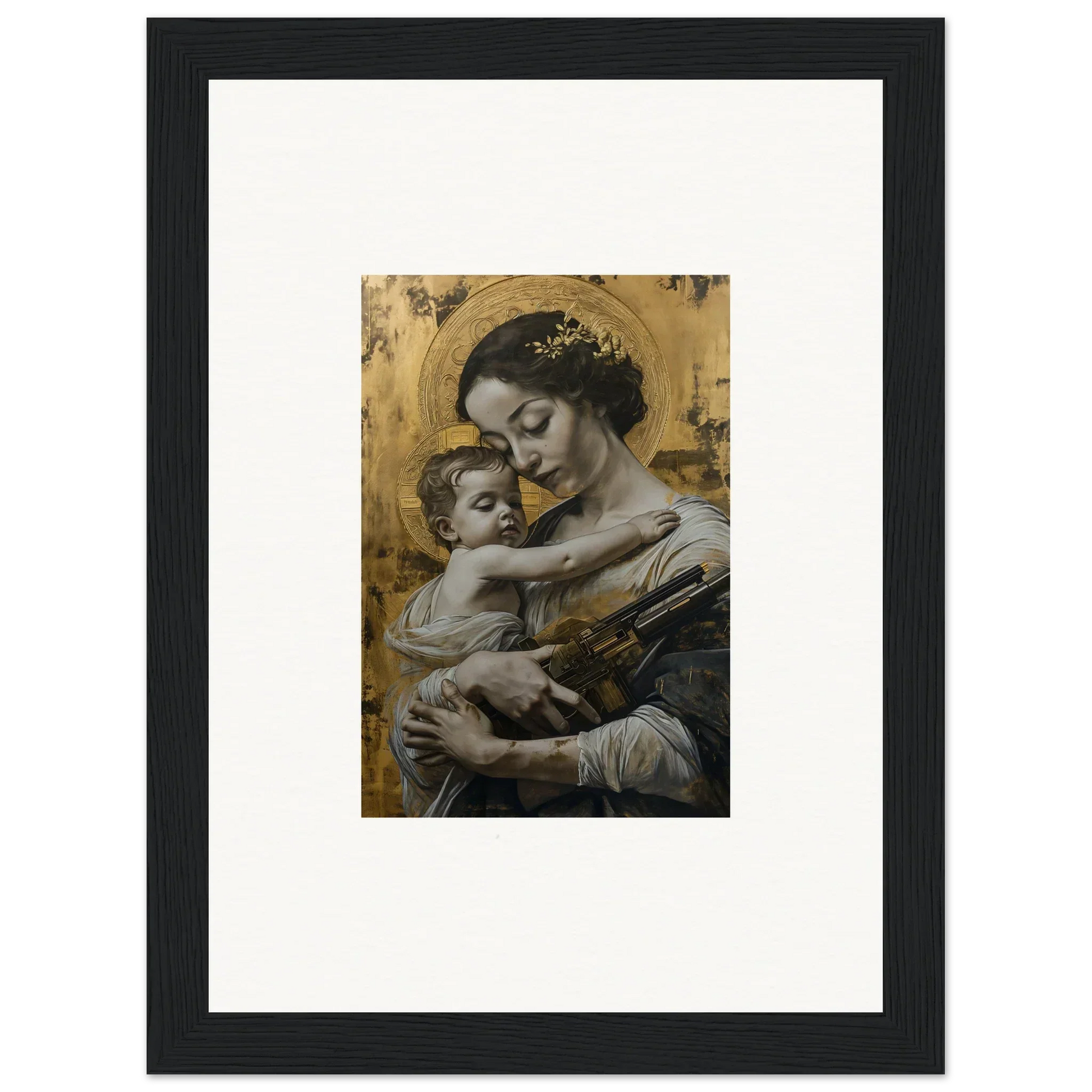 Framed canvas print of Velvet Embrace with a woman and baby on a golden background