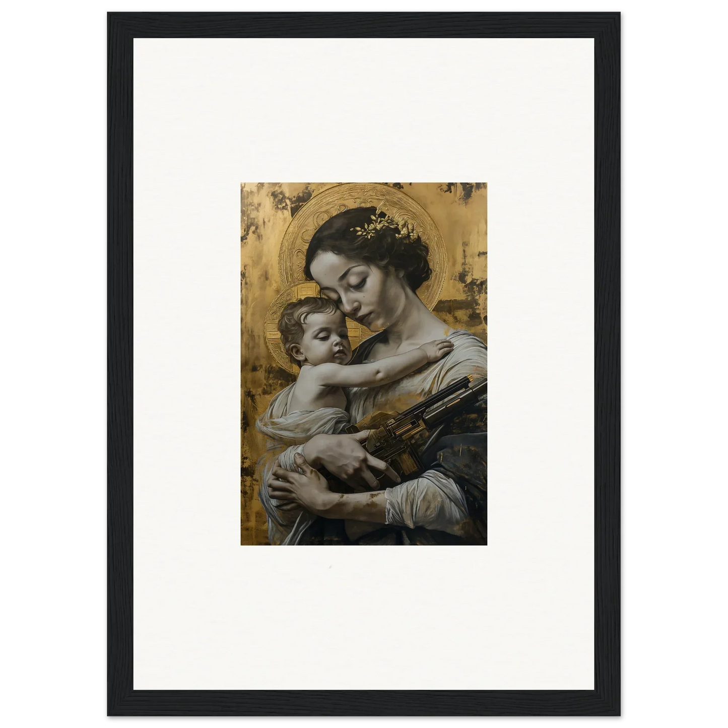 Framed canvas print of a woman and baby in velvet embrace for cozy room decoration