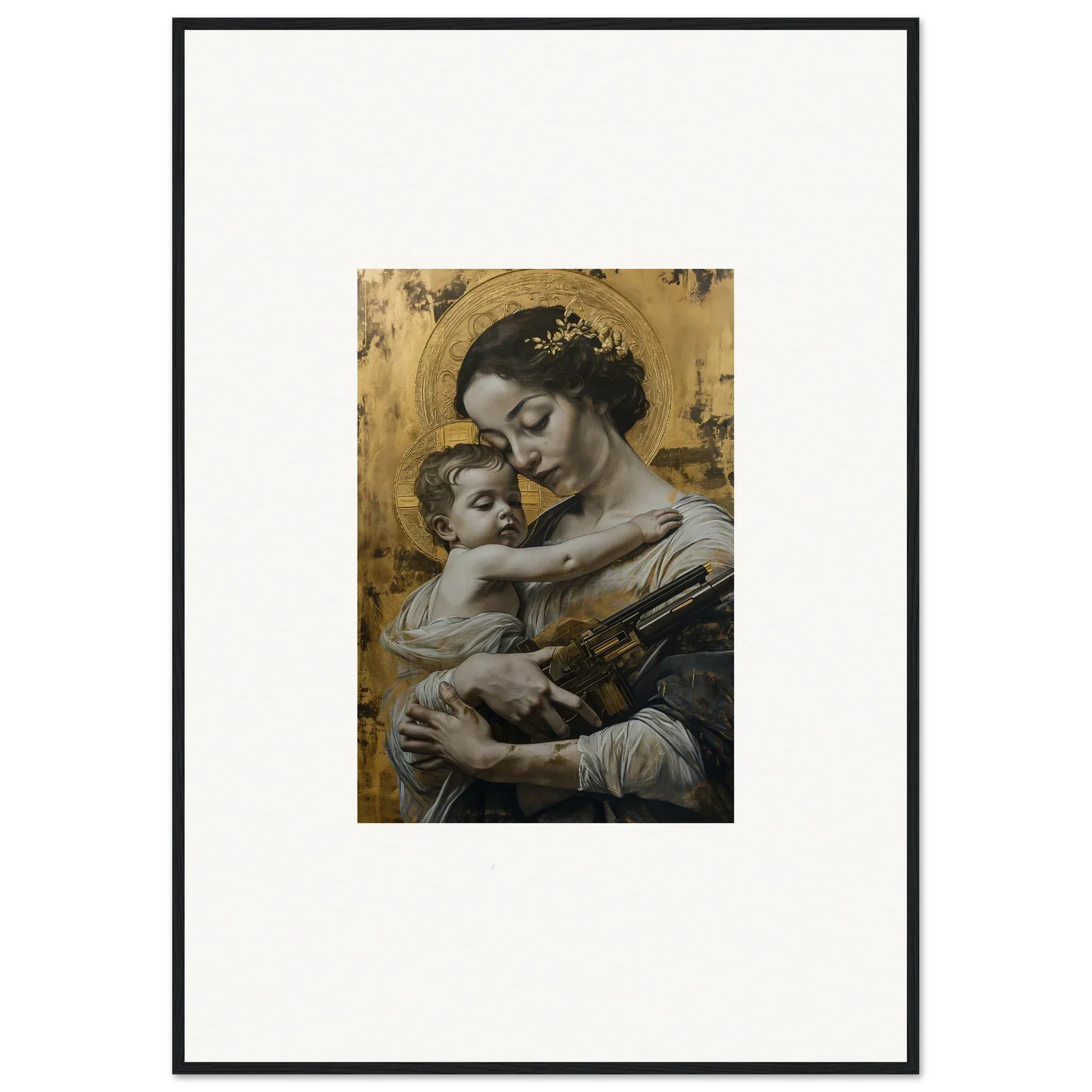 Framed canvas print of a woman and baby in Velvet Embrace, perfect for room decoration