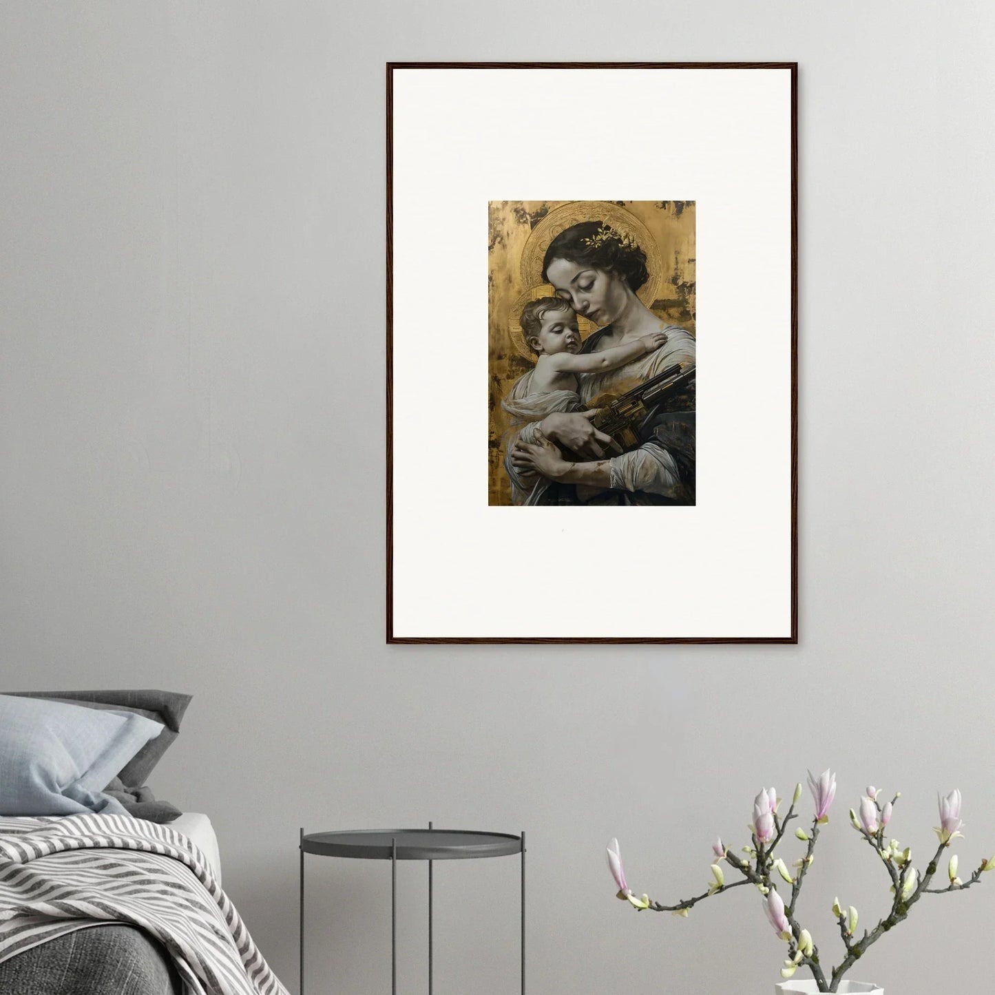 Framed canvas print of a woman holding a baby, perfect for velvet embrace room decoration