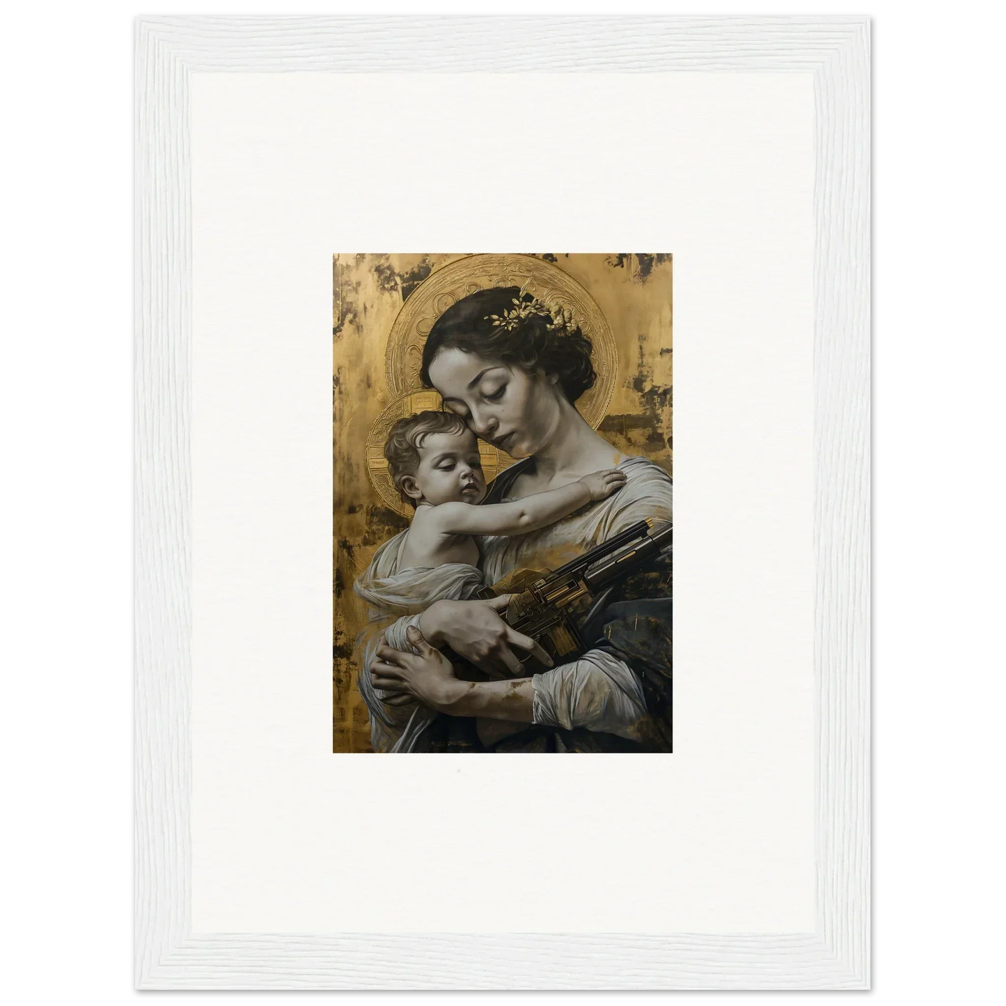 Framed canvas print of a woman and child in a velvet embrace against gold